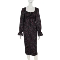 Women's Fashion Style Long Sleeve Floral Tied Slim Fit Dress - Black - View 1