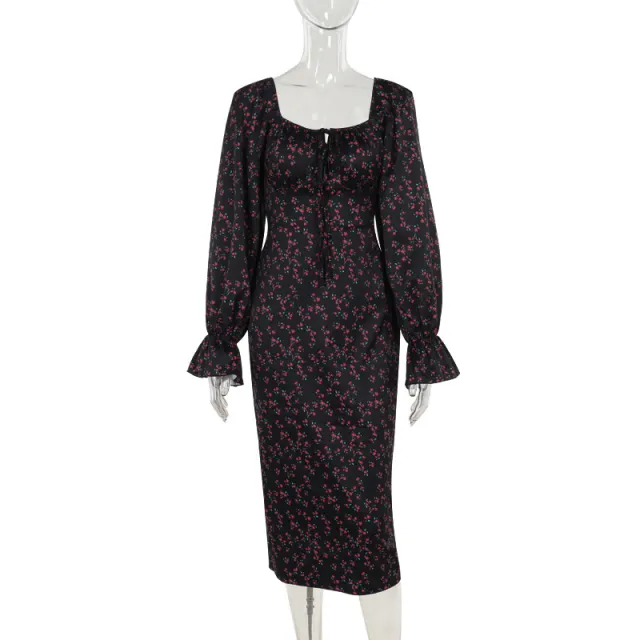 Women's Fashion Style Long Sleeve Floral Tied Slim Fit Dress Black - Shop at LoveMi