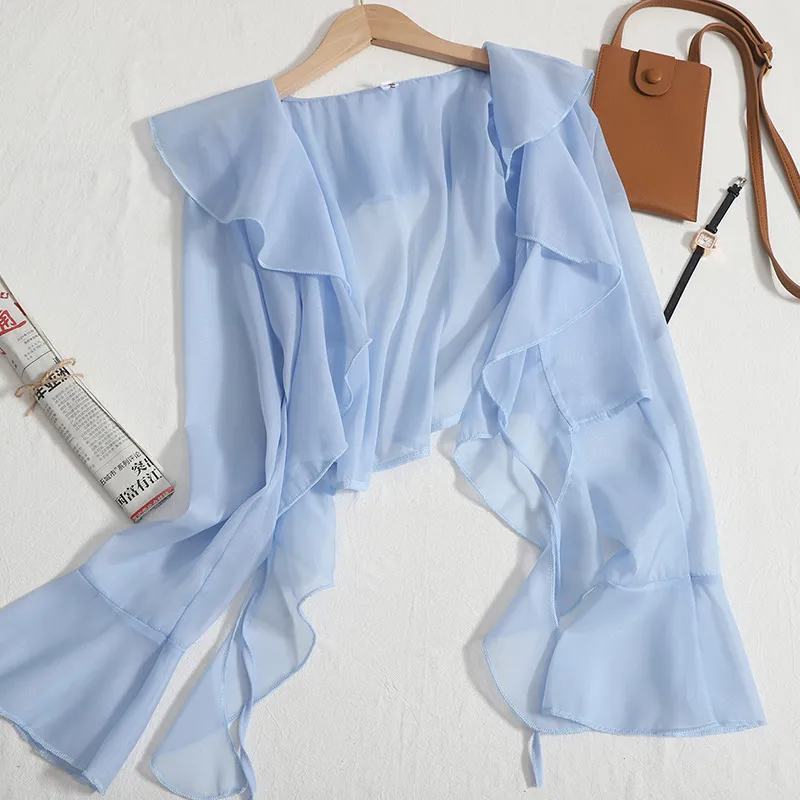 Womens Light Weight Summer Ruffled Wrap-style Shawl Or Outerwear - Blue