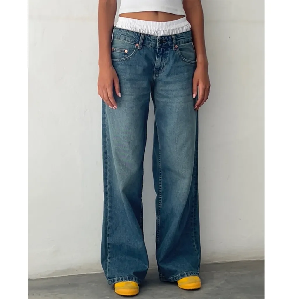 Retro Low Waist Non-elastic Washed Straight Jeans For Women - Dark Blue