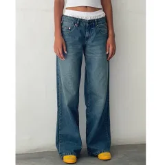 Retro Low Waist Non-elastic Washed Straight Jeans For Women - Dark Blue - View 1