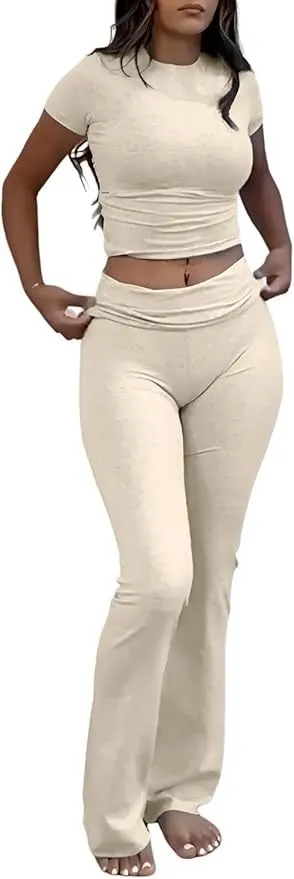 Casual Workout Round Neck Top Low Waist Bell bottom Pants Sportswear Suit Beige - Shop at LoveMi