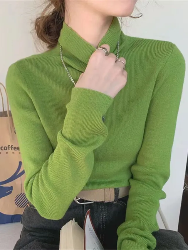 Lapel Women's Slim Bottoming Sweater Green - Shop at LoveMi