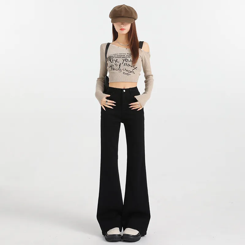 Loose Elastic Slim-fit Flared Straight Pants - Black