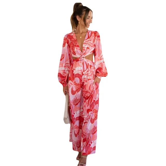 Women's Casual Backless Print Jumpsuit Red Flower - Shop at LoveMi