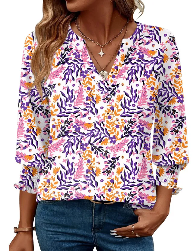 Fashion Tops Three quarter Sleeve Flower Print Casual Shirt Orange Purple Flowers - Shop at LoveMi
