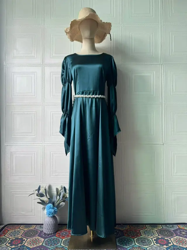Long Sleeve Round Neck Pearl Dress Peacock Green - Shop at LoveMi