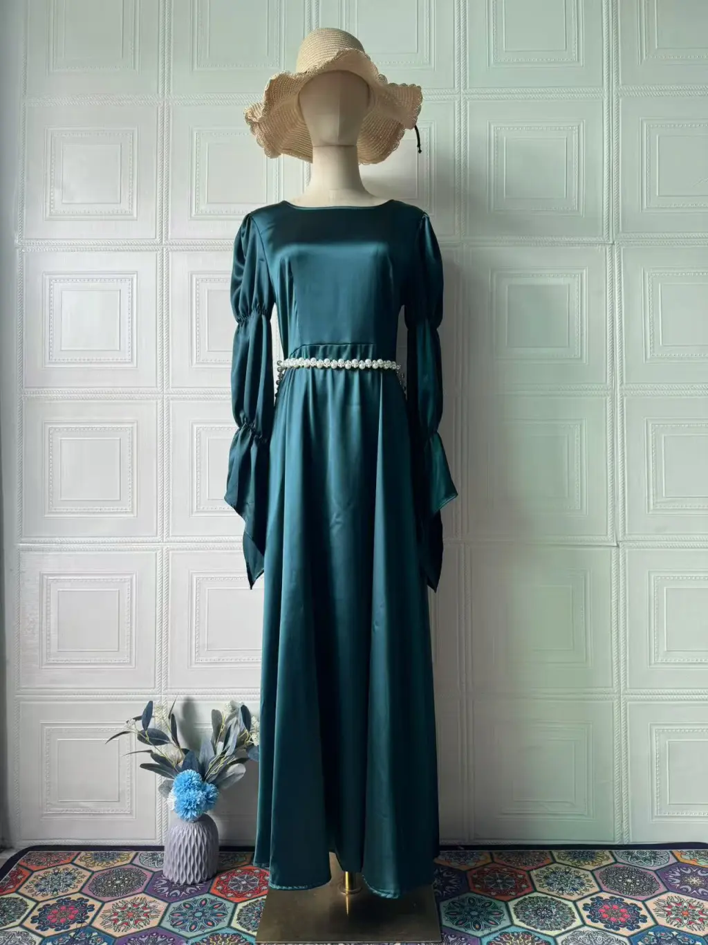 Long Sleeve Round Neck Pearl Dress - Peacock Green