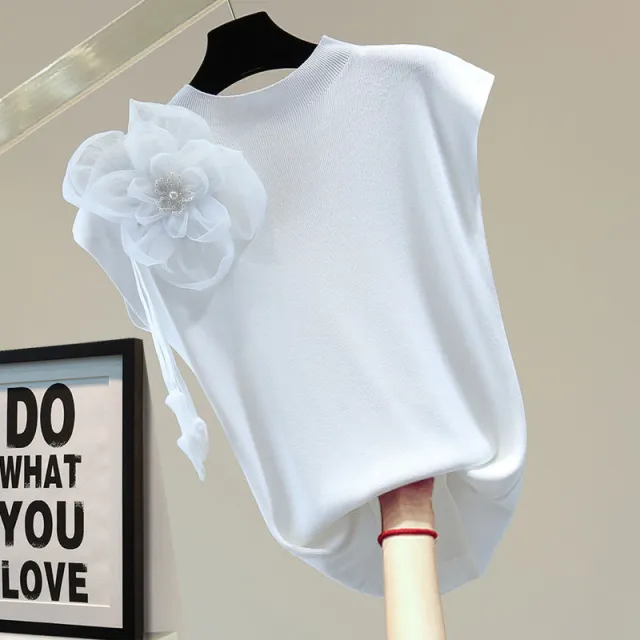 Exquisite Flowers Beaded Sleeveless T shirt White - Shop at LoveMi