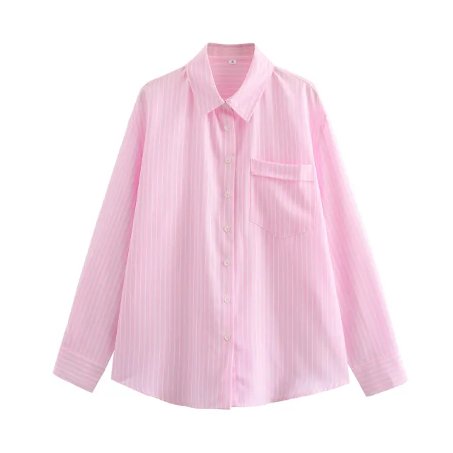 Four color Striped Single mouth Pocket Decoration Loose Women's Shirt Pink - Shop at LoveMi