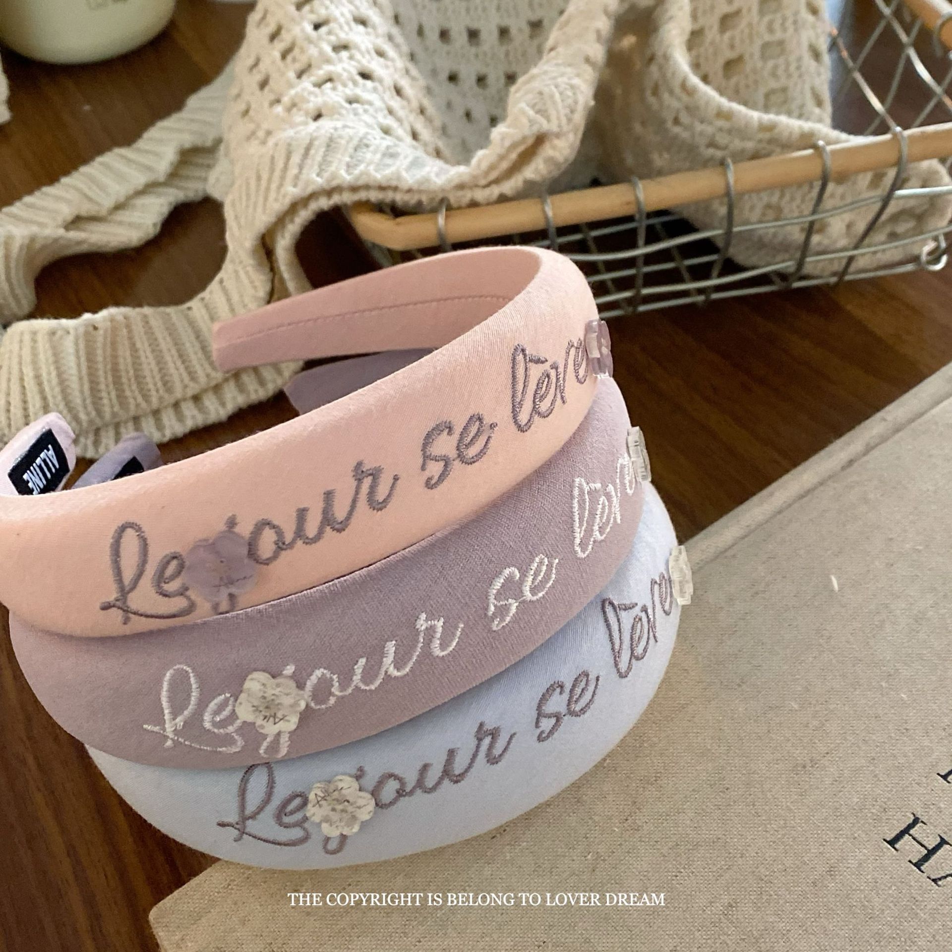 Embroidered Letter And Flower Solid-Color Fabric Headband — image 1