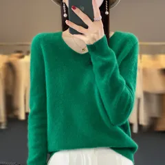 Women's Wool Sweater V-neck Autumn And Winter New Solid Colour Loose-fitting Versatile Wool Loose Bottoming Shirt - Emerald-Xl - View 1