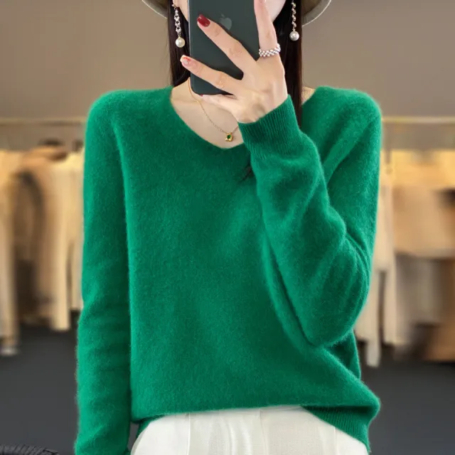 Women's Wool Sweater V neck Autumn And Winter New Solid Color Loose fitting Versatile Wool Loose Bottoming Shirt Emerald Xl - Shop at LoveMi