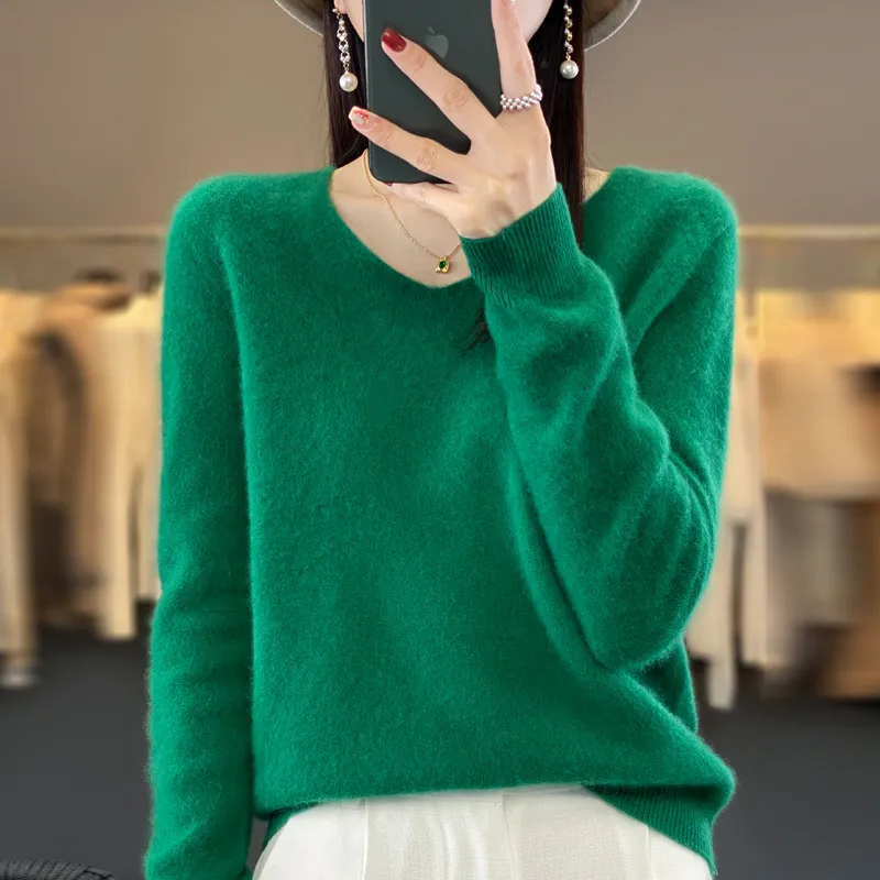 Women's Wool Sweater V-neck Autumn And Winter New Solid Color Loose-fitting Versatile Wool Loose Bottoming Shirt - Emerald-Xl