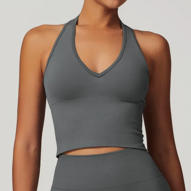 Women's Halter Cropped Top Beauty Back Yoga Bra Seamless Fitness Sports Vest Gray - Shop at LoveMi