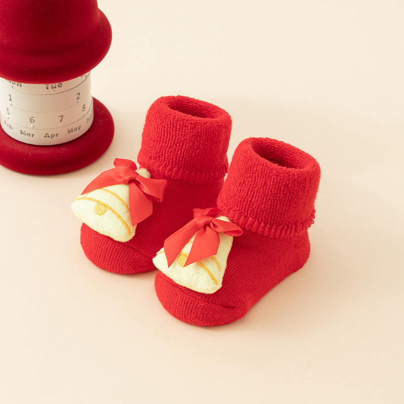 Babys Cozy Fleece-lined Thickened Pure-cotton Red Floor Socks For Fall And Winter