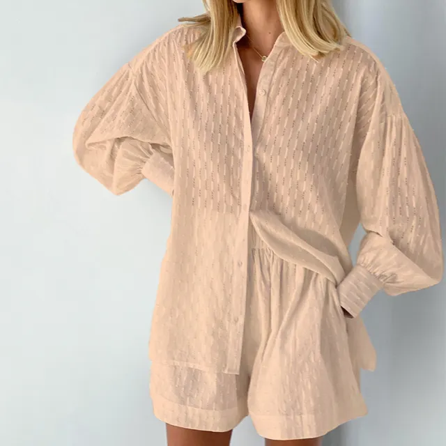Women's European And American Shirt Jacquard Puff Sleeve Elegant Top Shorts Commuter Design Casual Suit Khaki - Shop at LoveMi