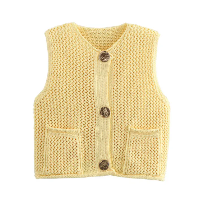 New Spring And Summer European And American Style Casual Breasted Thick Needle Knitted Vest Top Apricot - Shop at LoveMi