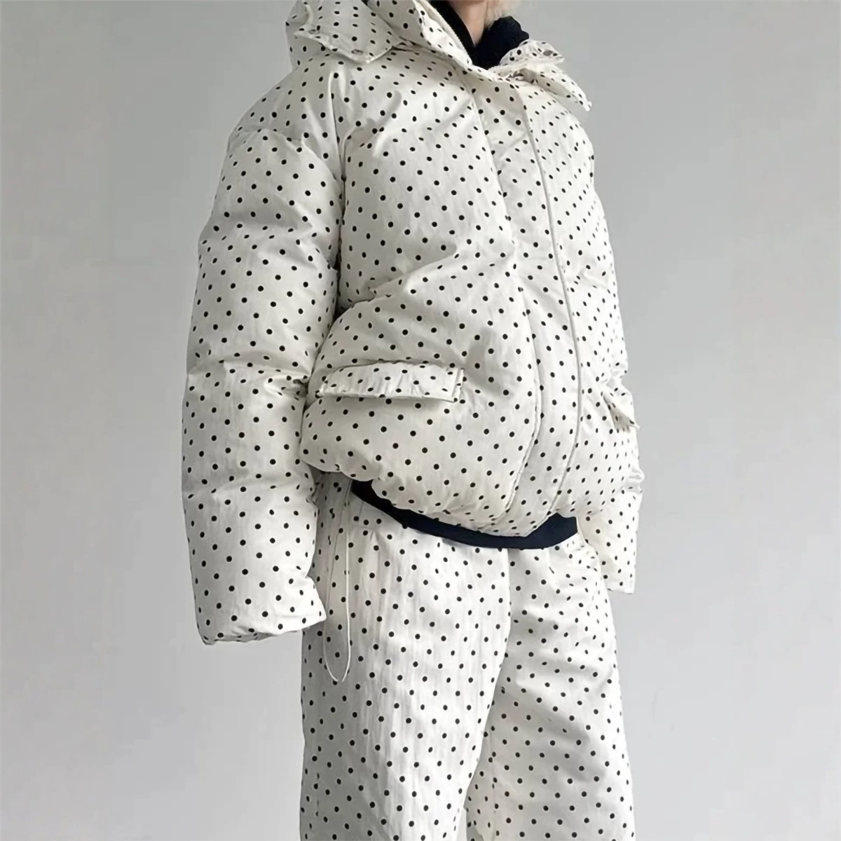Stylish Warm Loose-fit Coat With Striped And Polka-dot Prints