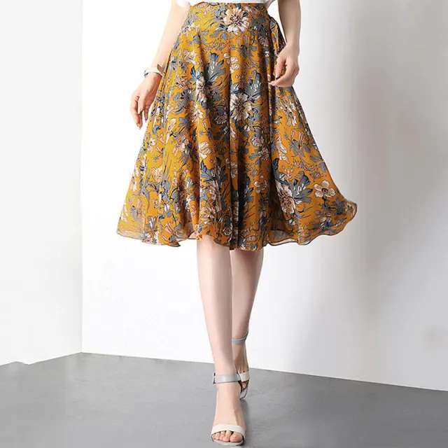 Loose Wide Leg High Waist Printed Chiffon Pantskirt Yellow And White Flowers - Shop at LoveMi