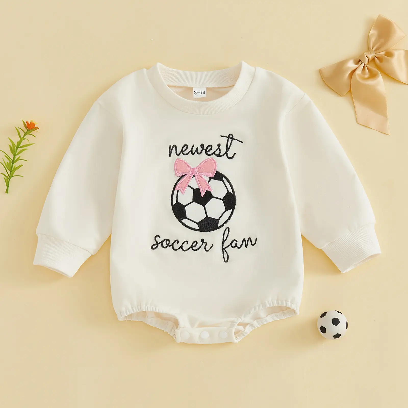 Football Bow-knot Embroidered Long-sleeve Romper