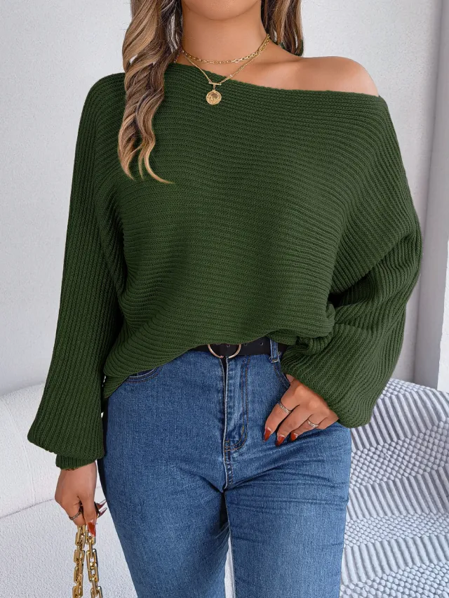 Casual Loose Solid Color Batwing Sleeve Pullover Sweater Army Green - Shop at LoveMi