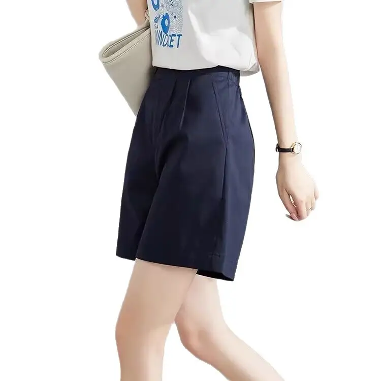 High-waisted Relaxed-fit Navy Blue Capri Pants For Work