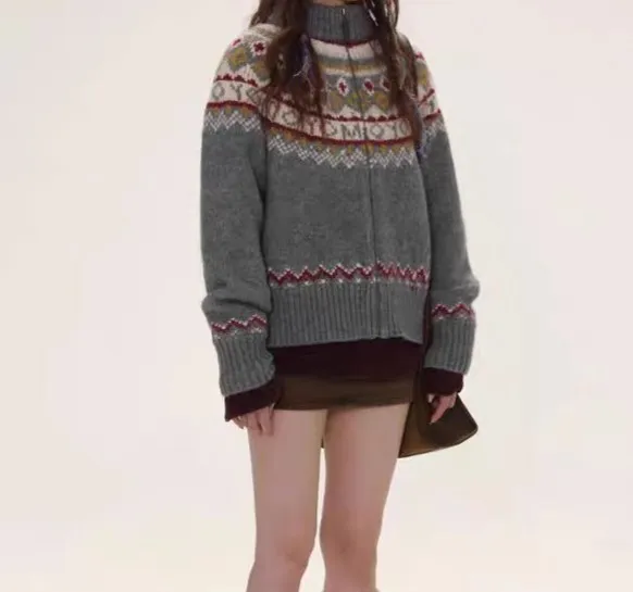 Women's Thick Retro College Style Knitted Sweater Gray - Shop at LoveMi