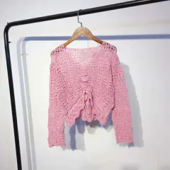 Women's V-neck Long Sleeve Top Loose Hollow Sweater - Pink - View 1