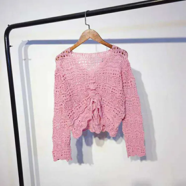 Women's V neck Long Sleeve Top Loose Hollow Sweater Pink - Shop at LoveMi
