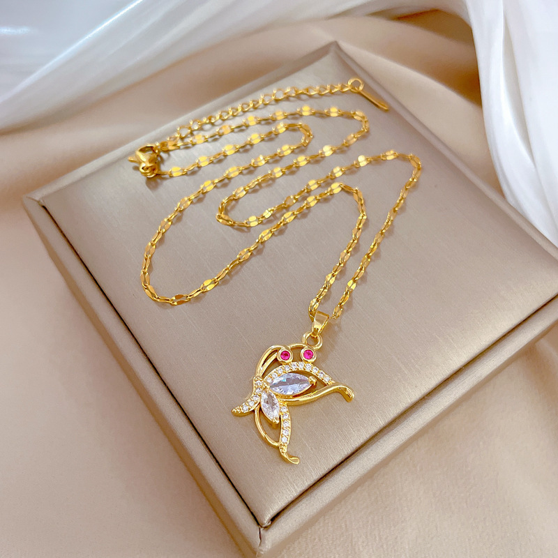 Zircon Butterfly Pendant Necklace Gold Tone Chain Light Luxury Fashion Jewelry