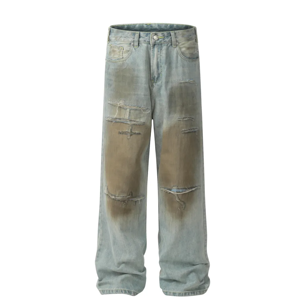 Women's American Retro Worn Design Loose Denim Trousers - Blue