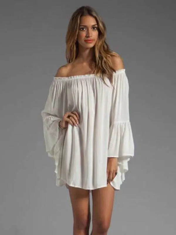 Casual Solid Color Chiffon Elastic Lace Bell Sleeve Dress White - Shop at LoveMi