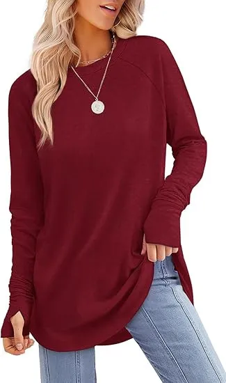 Solid Color Split finger Long sleeved Shirt Loose Mid length Wine Red - Shop at LoveMi