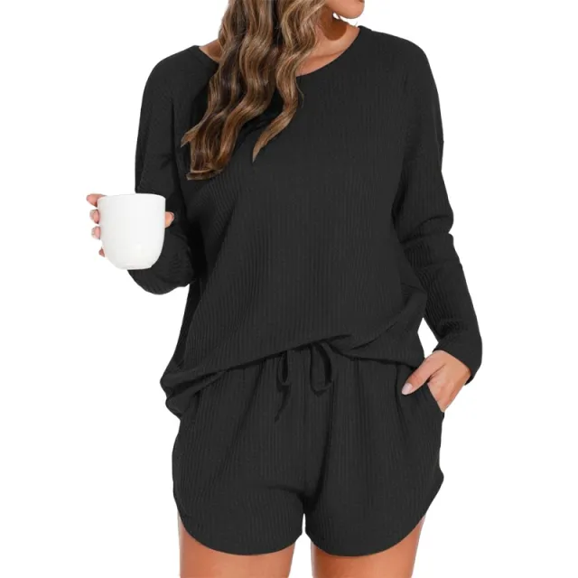 Waffle Knit Women's Long sleeved Pajamas Suit Black - Shop at LoveMi
