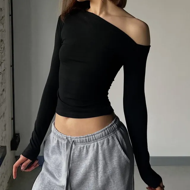 Women's Long sleeved Tight Off shoulder Top Black - Shop at LoveMi