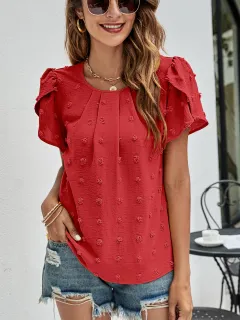 Crew Neck Casual Tulip Sleeve T-shirt Jacquard Top For Women - Red - View 1