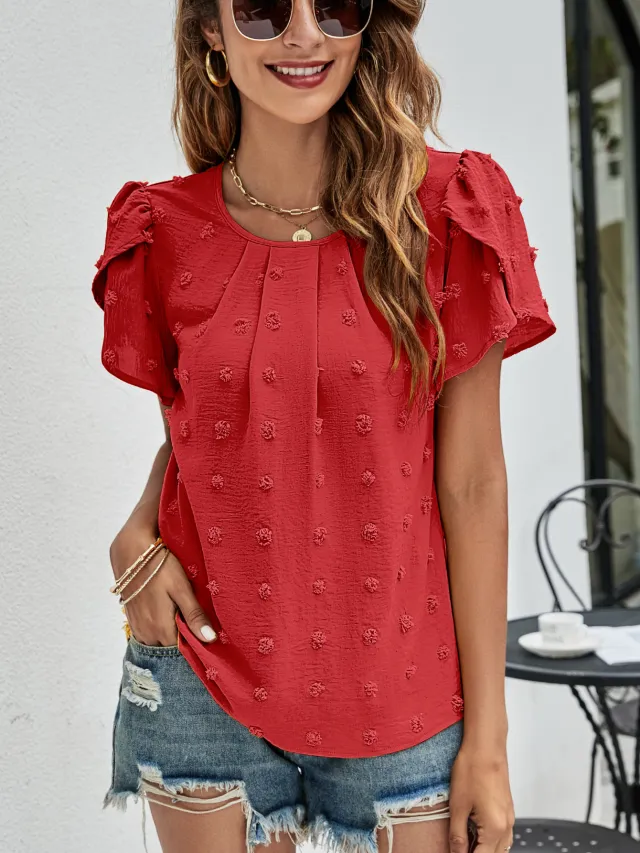 Crew Neck Casual Tulip Sleeve T shirt Jacquard Top For Women Red - Shop at LoveMi