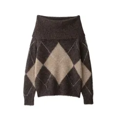 Off-shoulder Rhombus Jacquard Knitted Sweater For Women - View 1