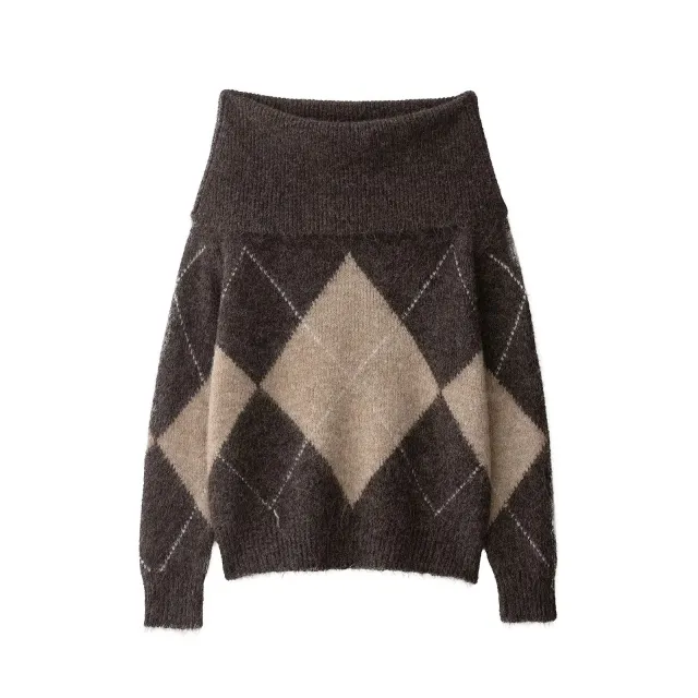 Off shoulder Rhombus Jacquard Knitted Sweater For Women - Shop at LoveMi