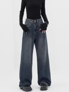 Retro Dark Blue Wide Leg Jeans Baggy Straight Trousers - Blue - View 1