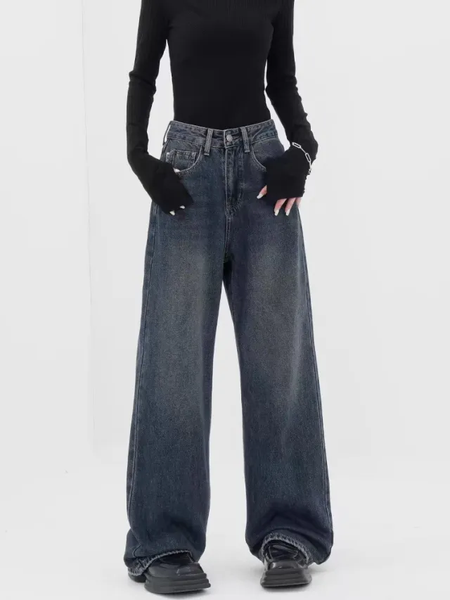 Retro Dark Blue Wide Leg Jeans Baggy Straight Trousers Blue - Shop at LoveMi