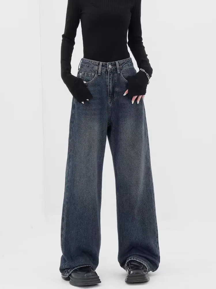 Retro Dark Blue Wide Leg Jeans Baggy Straight Trousers - Blue
