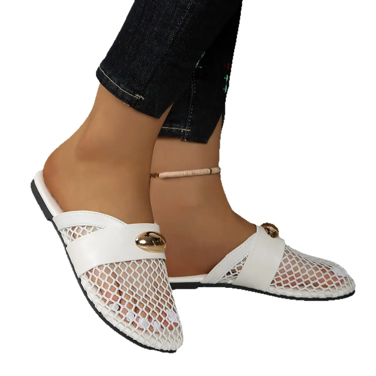 Womens Flat Mesh-toe Slip-on Slippers