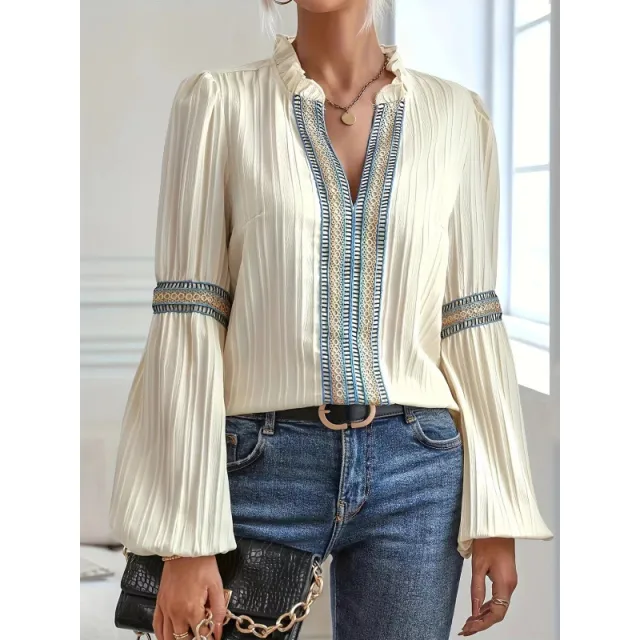 Womens Solid Color Crochet Trimmed Patchwork Loose Lantern Sleeve Shirt Apricot - Shop at LoveMi