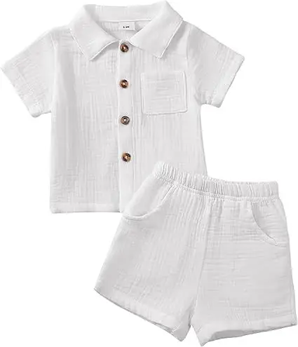 Baby Boy Cotton-Linen Solid Color Textured Fabric Lapel Collar Short-Sleeve Top Elastic Waist Shorts Set