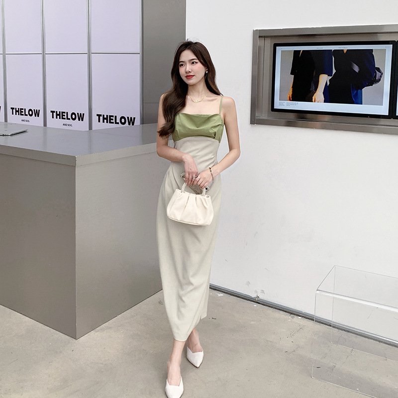 Color Matching High Waist Slip Pleated Slim-fit Dress