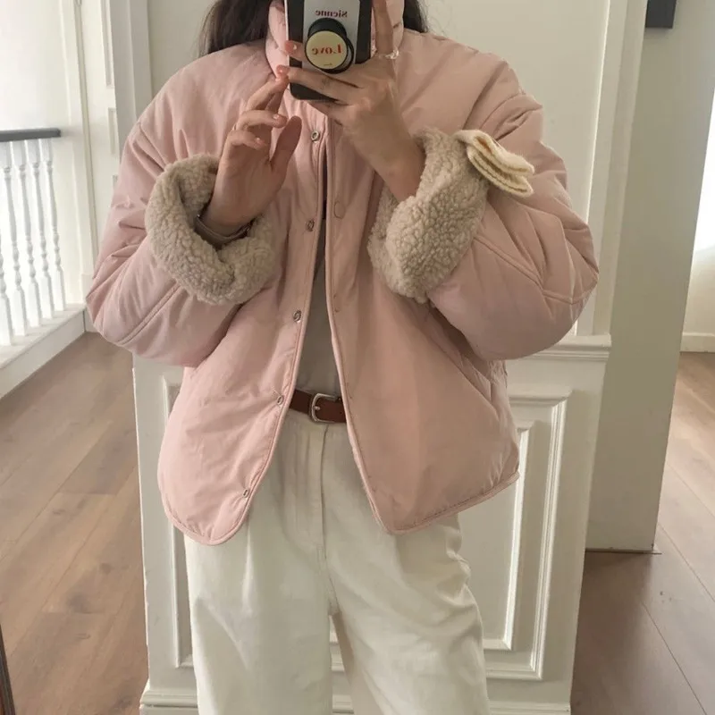 Female Lamb Wool Stand Collar Single Breasted Loose Cotton Jacket - Pink