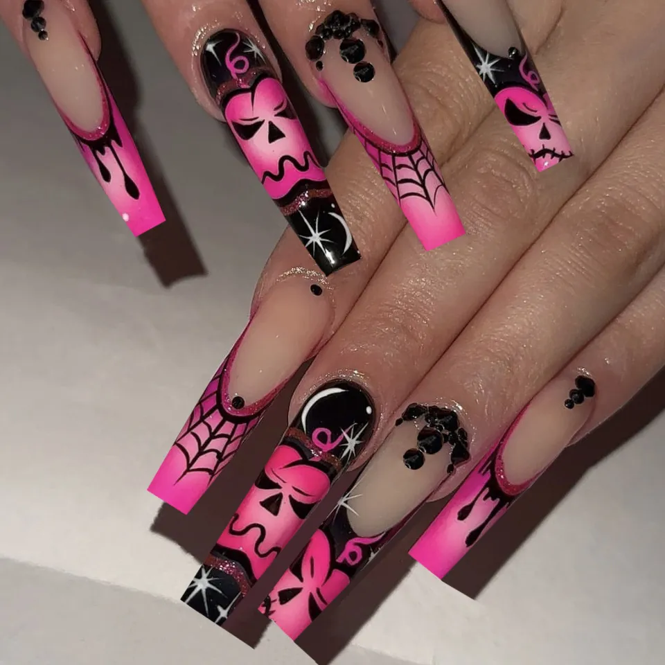 Z-123 Rose Pumpkin Long T Fake Nail Tip Halloween Cool - Z123 Rose Pumpkin