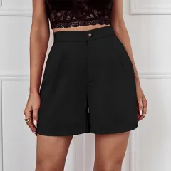 Women's Solid Colour Wide-leg Comfortable Casual High-waisted Shorts - Black - View 1